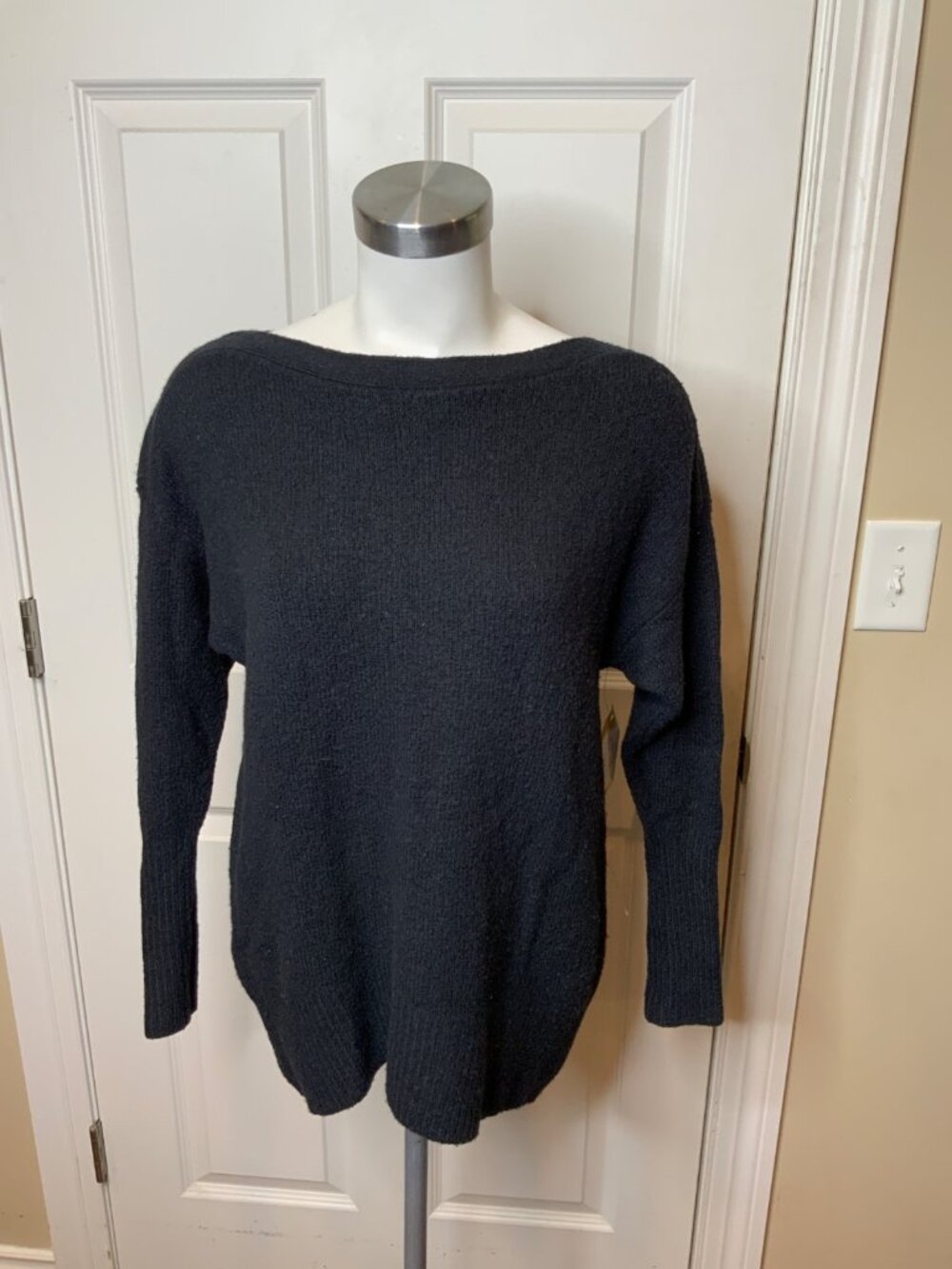 Anthropologie Black Merino Wool Blend Boat Neck Knit Sweater, Size XS